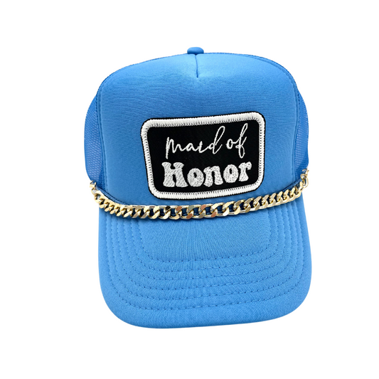 Maid of Honor trending trucker hat powder blue with embroidered patch