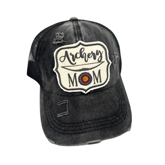 Black criss cross ponytail hat, embroidered archery mom patch hat