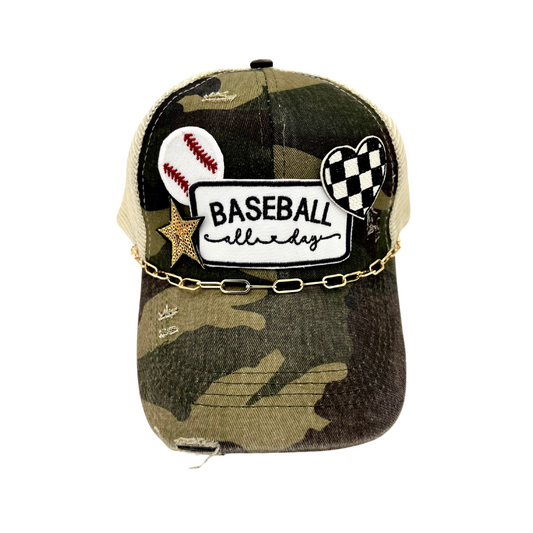 Baseball all day multi patch criss cross trucker .camo print