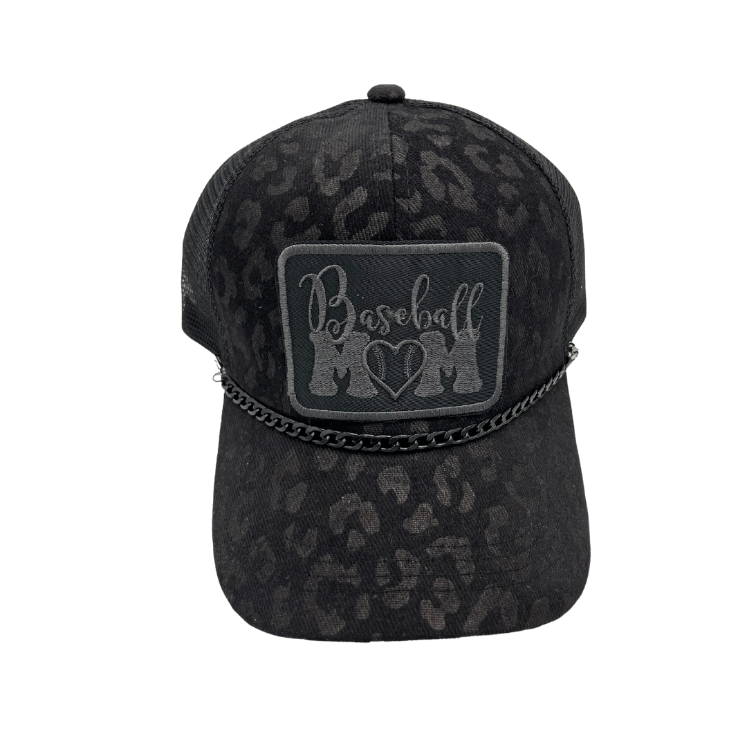 black on black criss cross trucker with embroidered baseball mom patch
