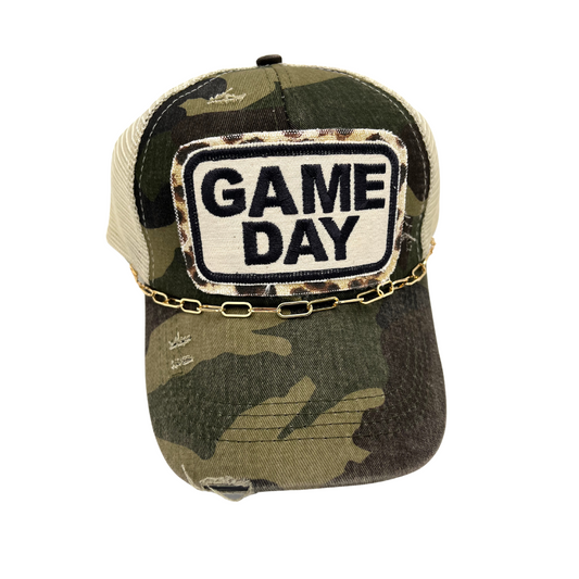 Game day camo criss cross trucker