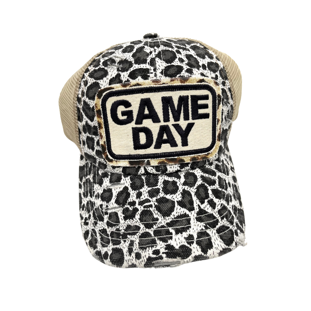 Game day gray leopard criss cross trucker 