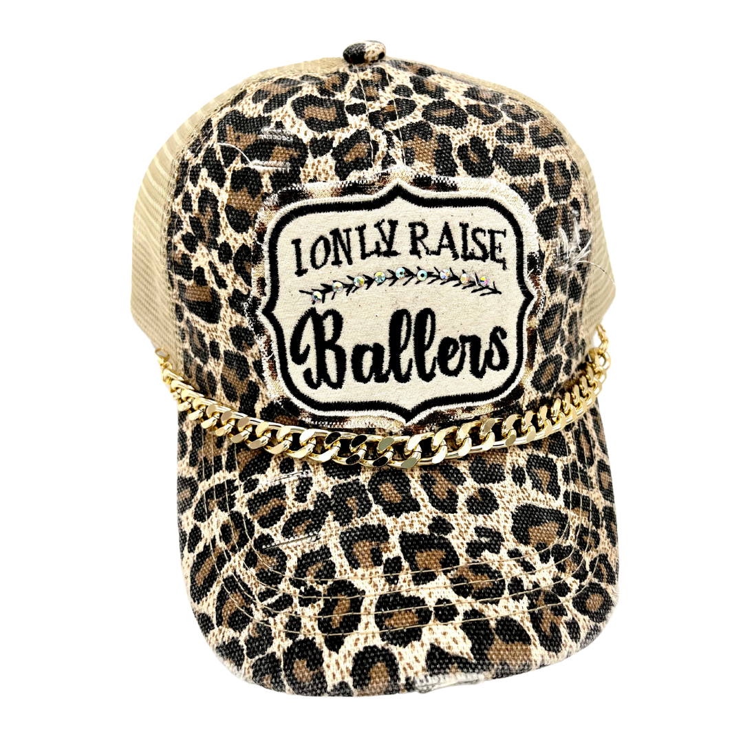 I only raise ballers criss cross trucker hat small leopard print