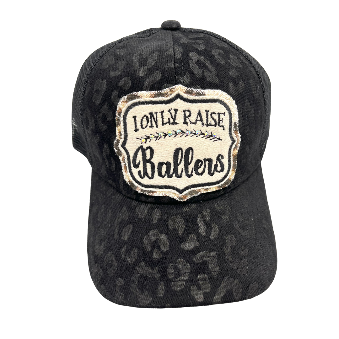 I o nly raise ballers criss cross trucker wih embroidered patch and rhinestones