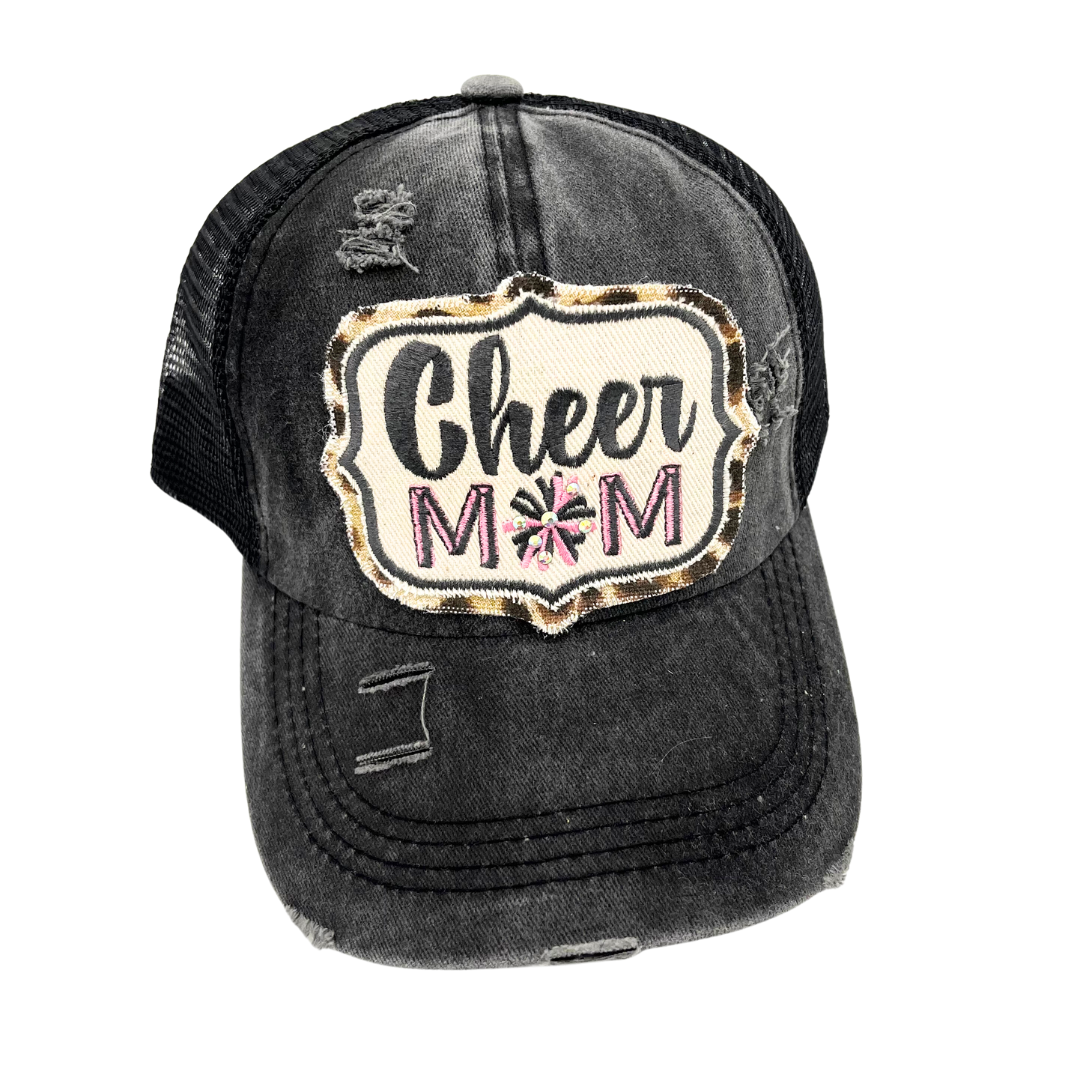 Black Cheer Mom custom embroidered criss cross ponytail hat