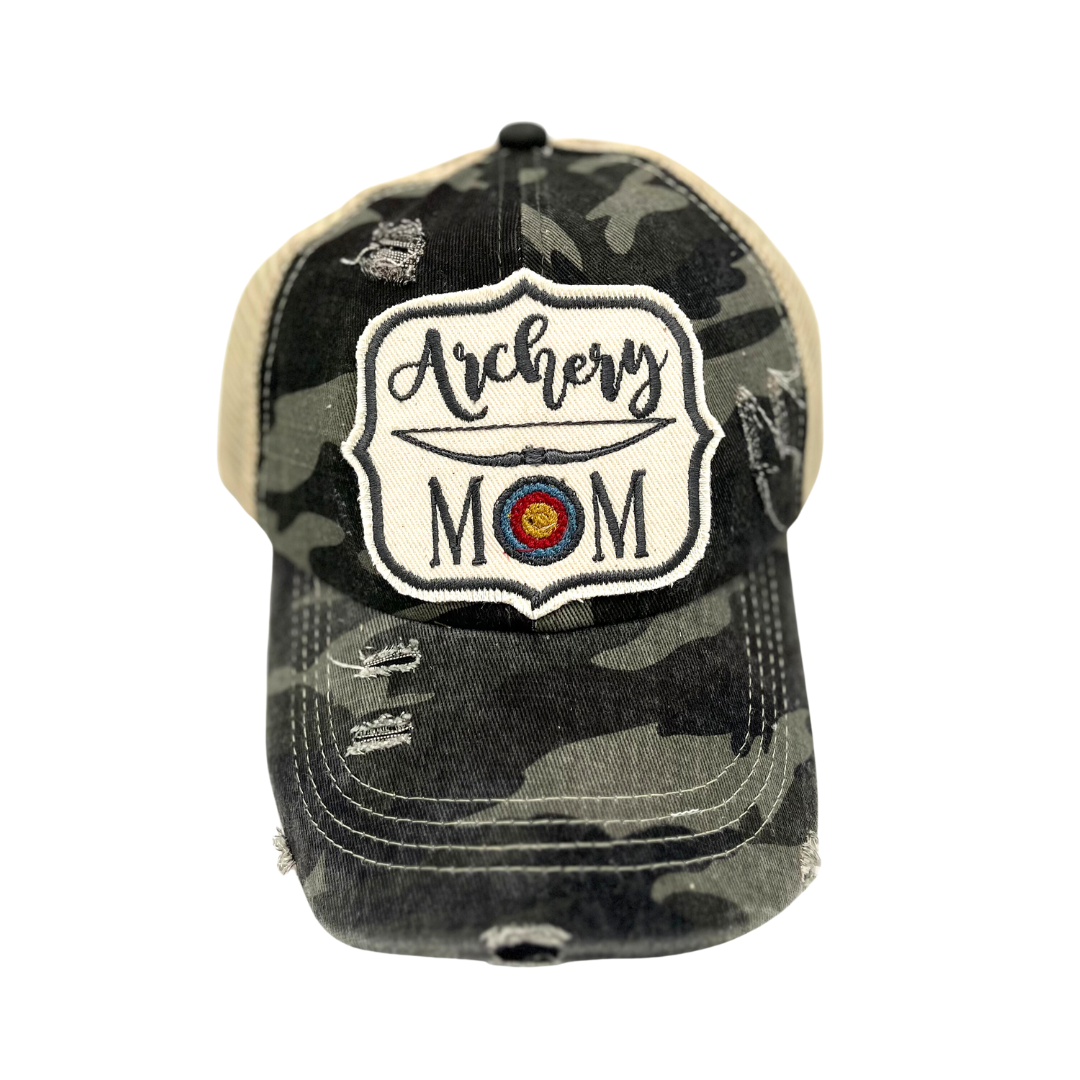 Black camo criss cross trucker archery mom hat