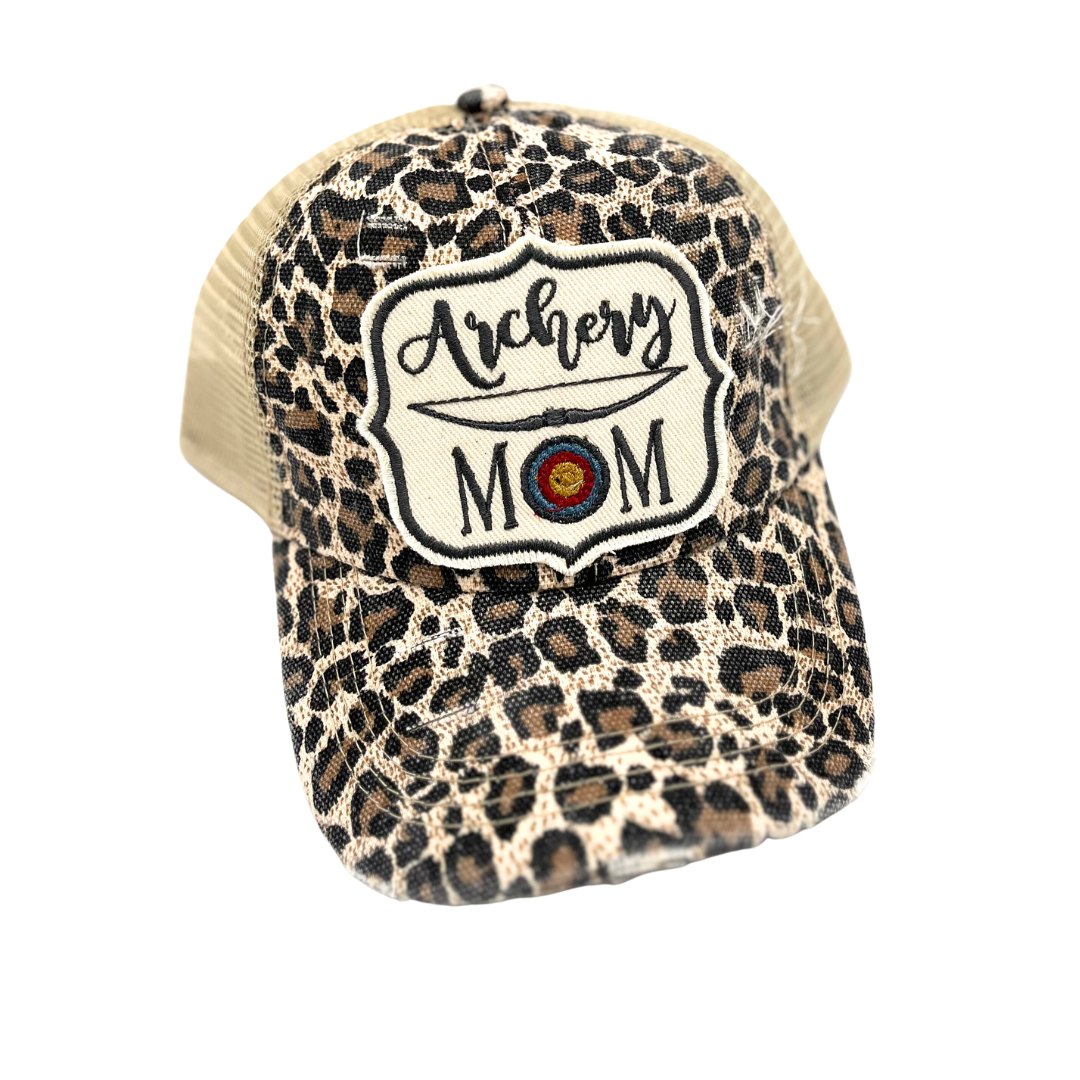 Brown  leopard criss cross trucker archery mom hat