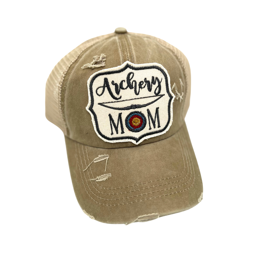 Khaki criss cross trucker  archery mom hat 