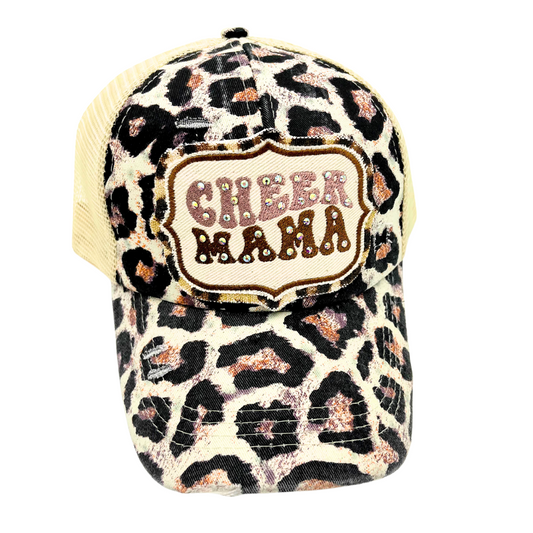 Cheer mama large leopard print embroidered blinged patch criss cross trucker hat