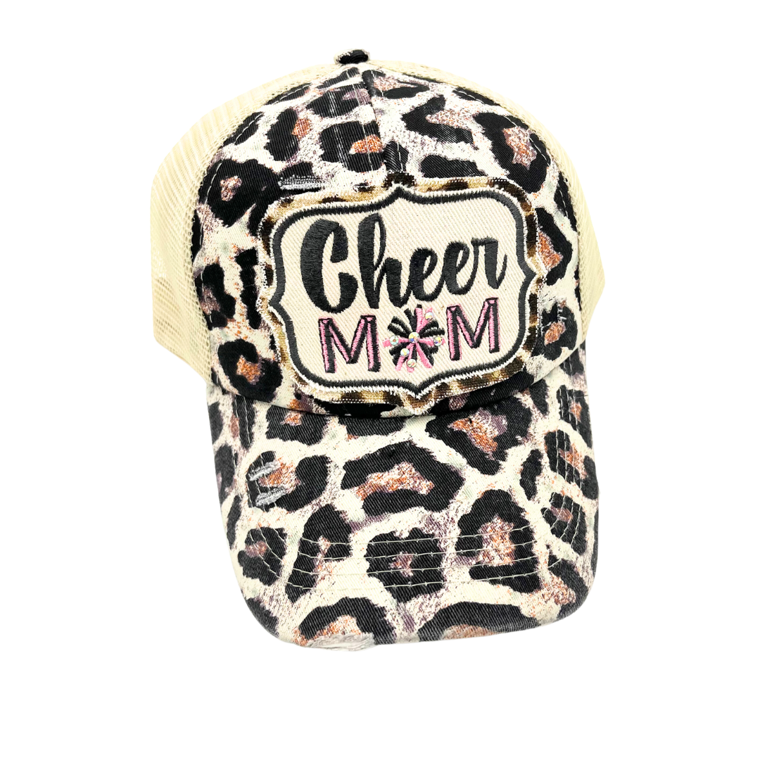 Large Leopard print Cheer Mom custom embroidered criss cross ponytail hat