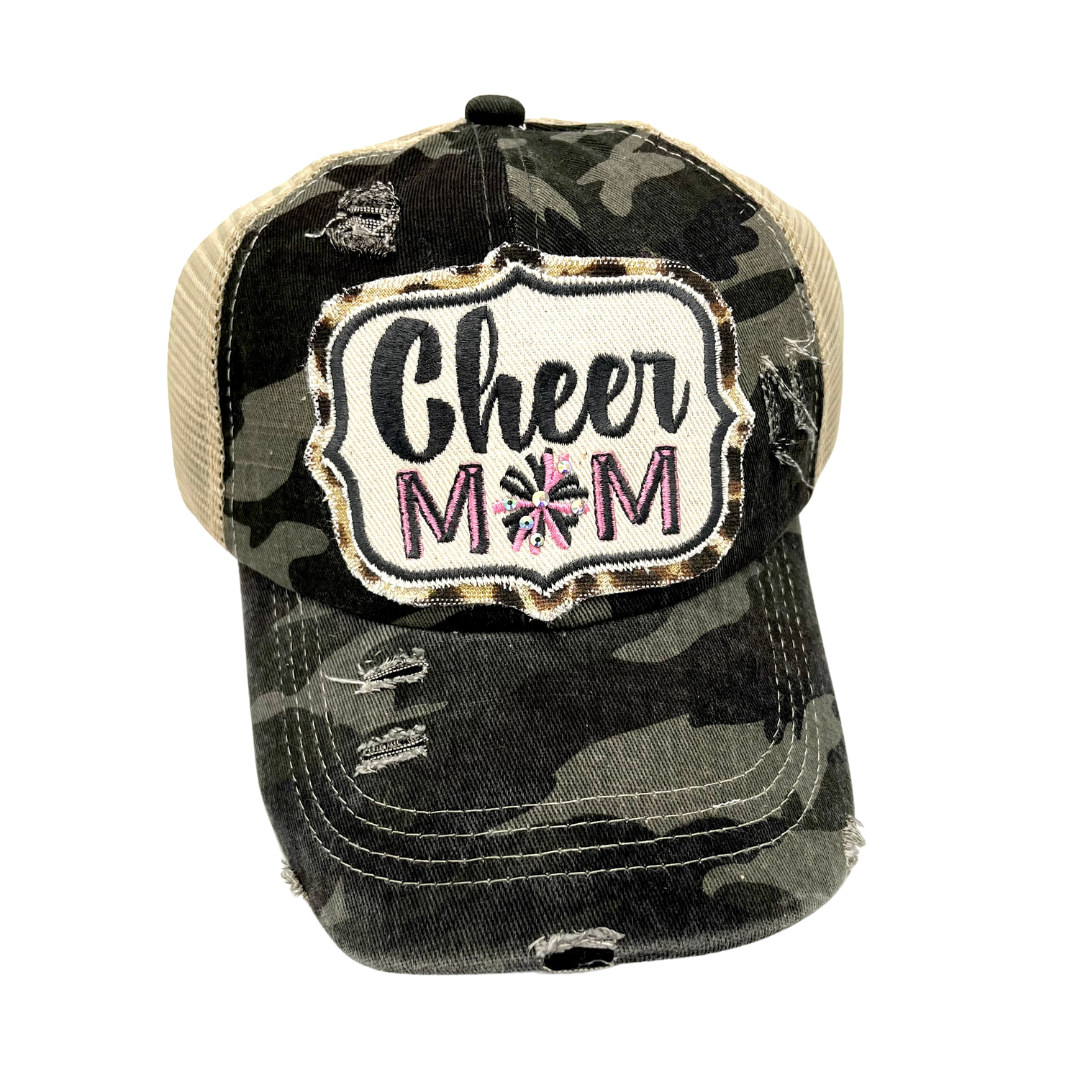 Black Camo Cheer Mom custom embroidered criss cross ponytail hat