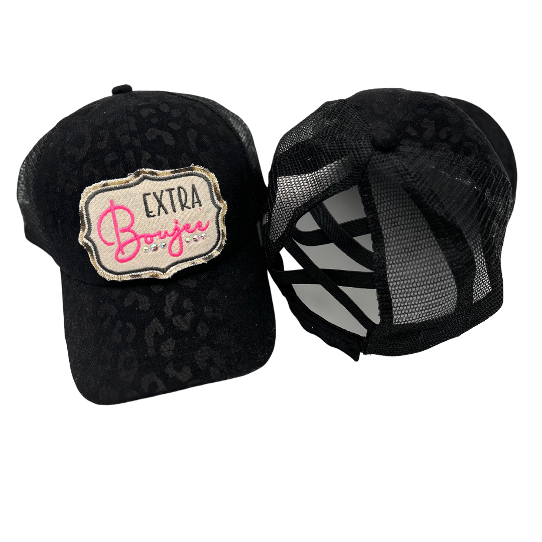 Black leopard print Extra Boujee patch hat with hot pink embroidery