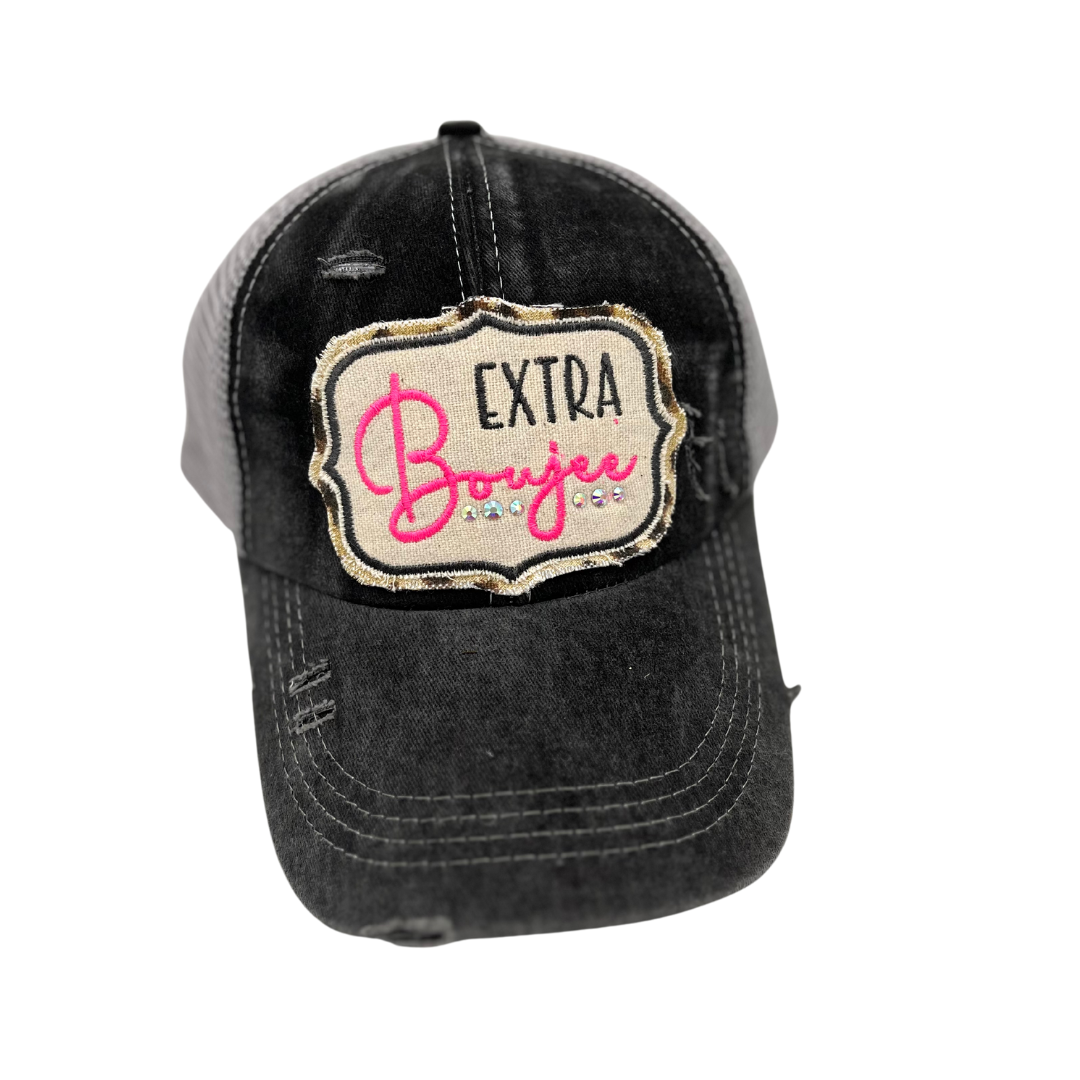 Gray Extra Boujee patch hat with hot pink embroidery