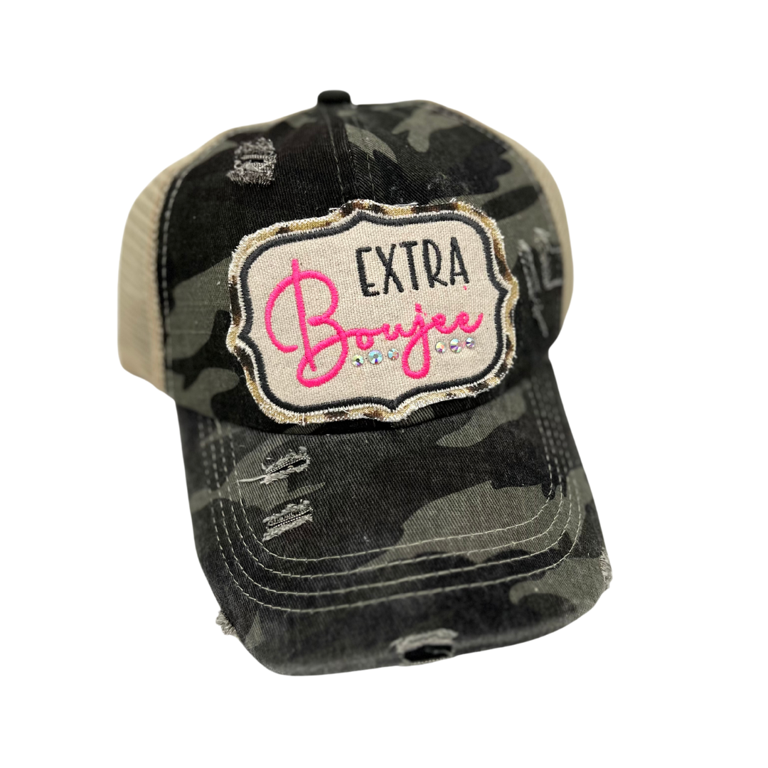 Black Camo Extra Boujee patch hat with hot pink embroidery