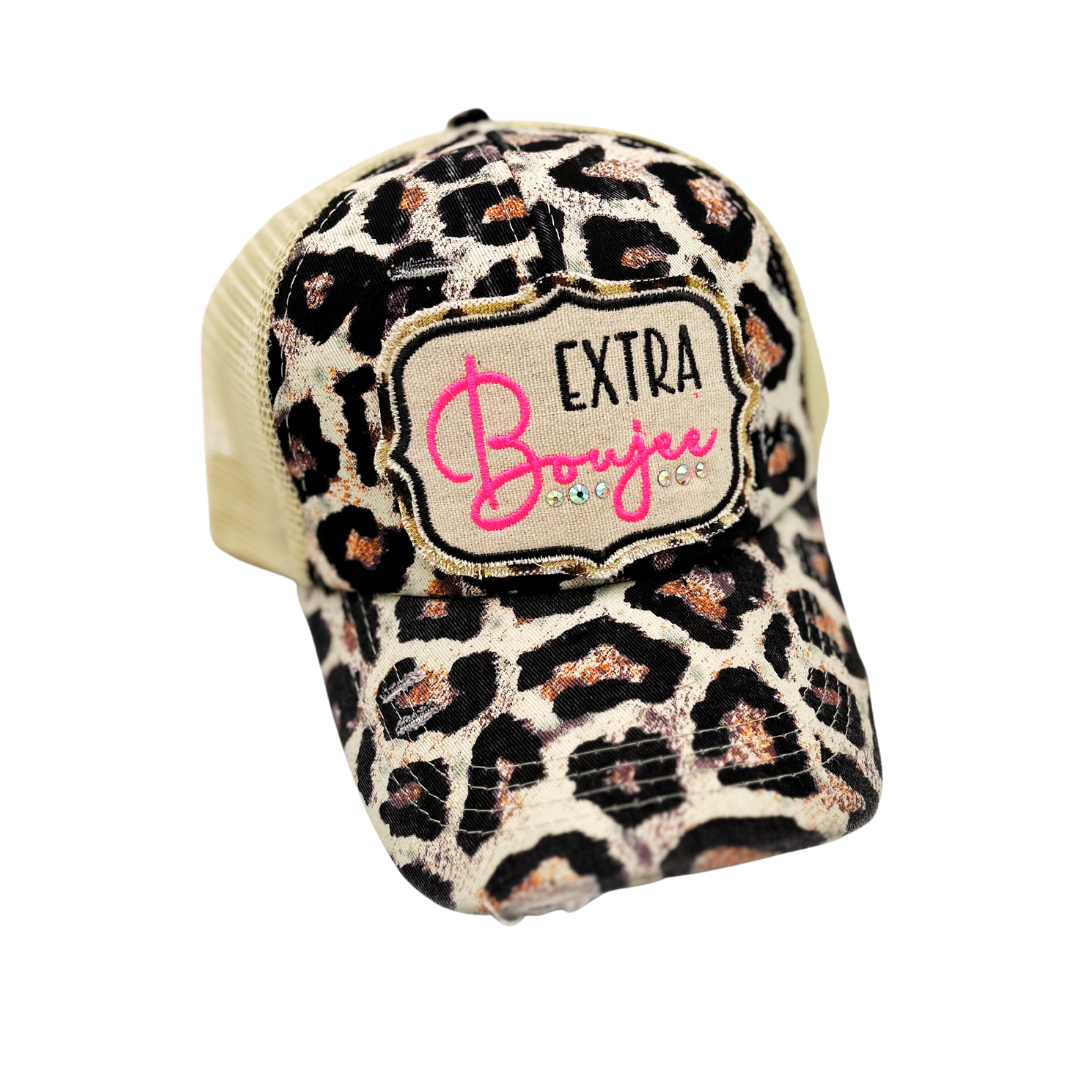 Large leopard print Extra Boujee patch hat with hot pink embroidery