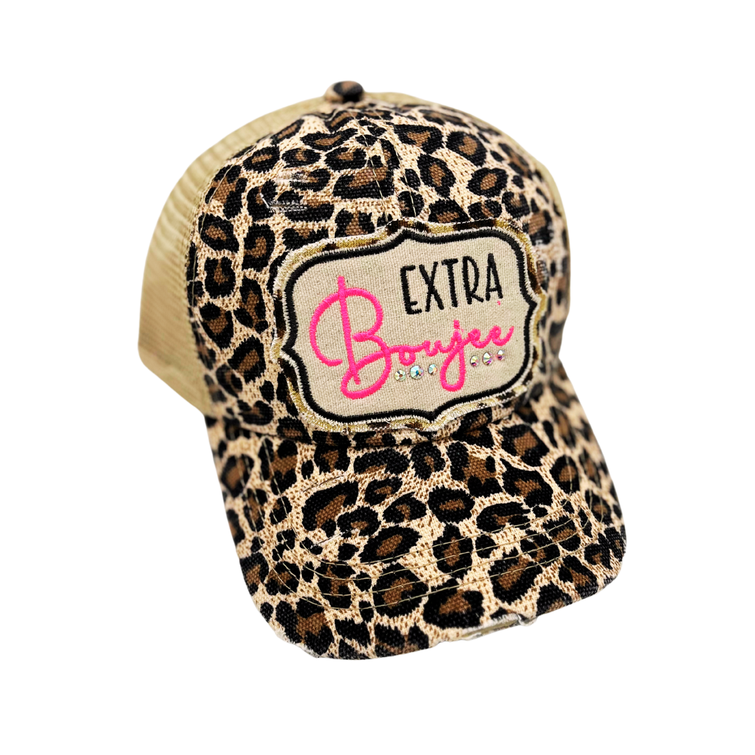 Leopard print Extra Boujee patch hat with hot pink embroidery