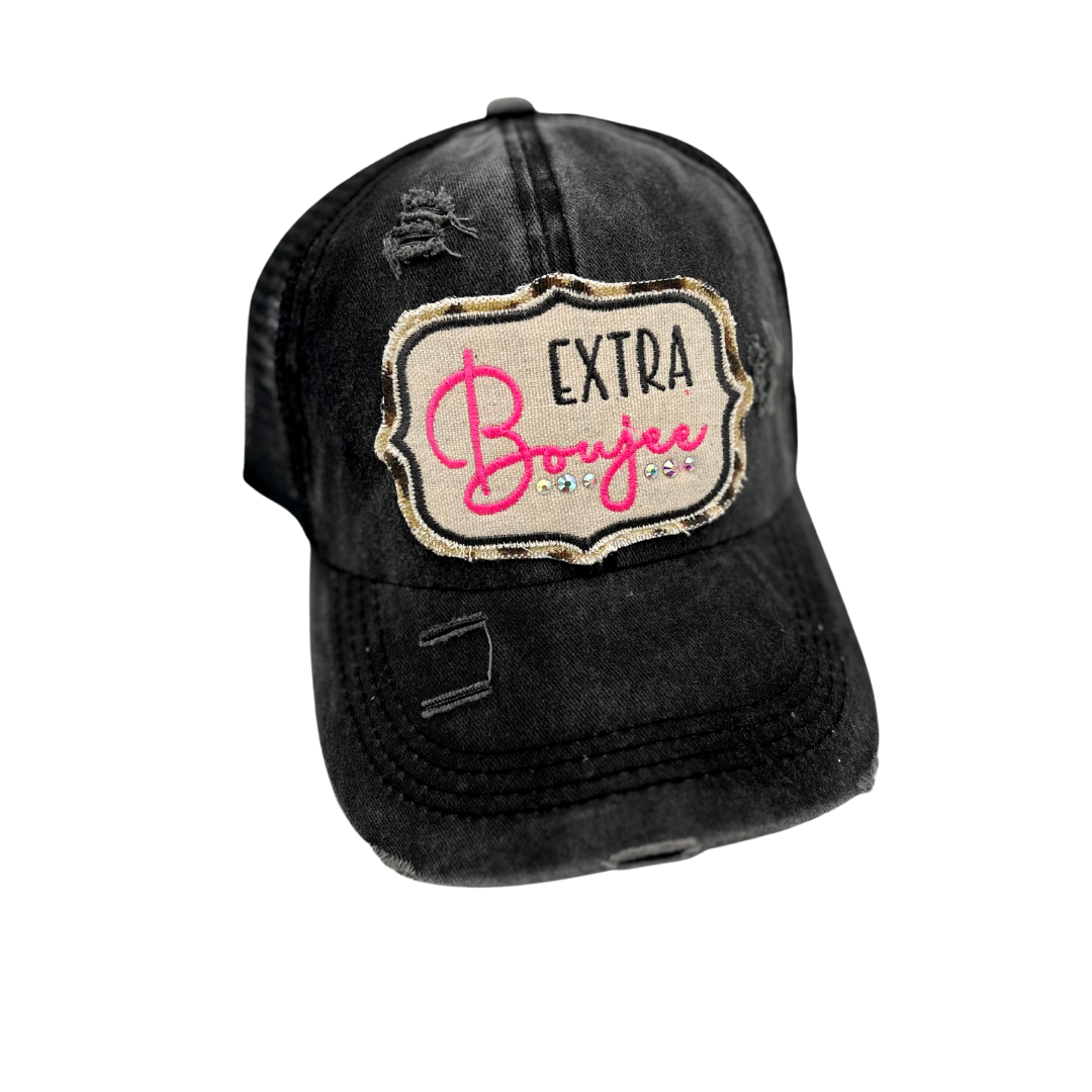 Black Extra Boujee patch hat with hot pink embroidery