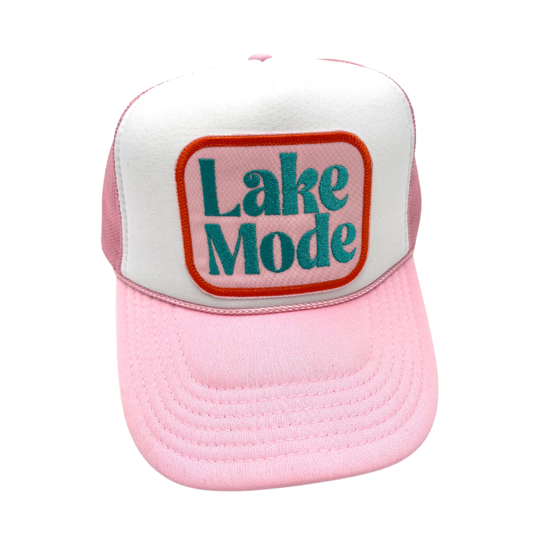 Pink and white Lake mode trucker hat with custom embroidered patch 