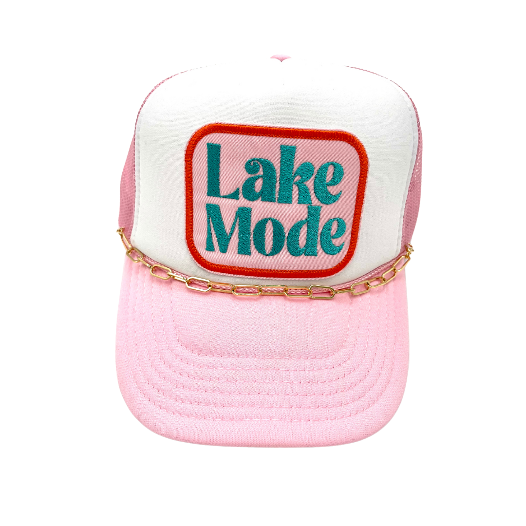 Pink and white lake mode trucker hat with custom embroidered patch  with additional gold trucker chain