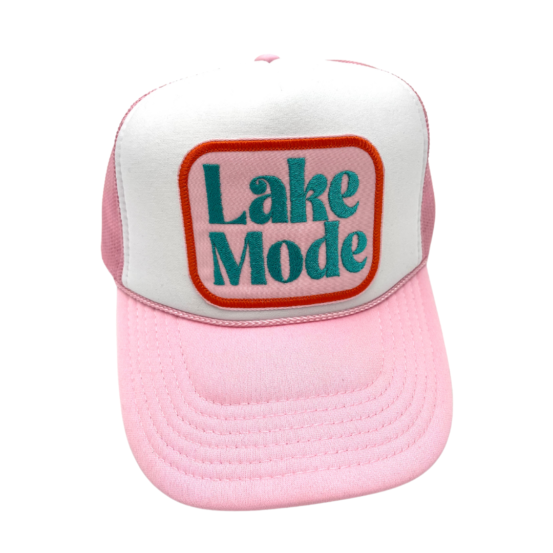 pink and white  lake mode trucker hat with  custom embroidered patch cus