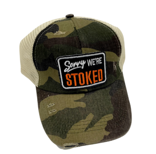 SORRY WE'RE STOKED CRISS CROSS PONYTAIL TRUCKER